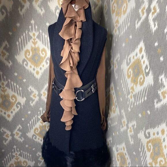 Ralph Lauren Black Cashmere Blend Lamb Shearling Flat Knit Open Front Cardigan - Picture 4 of 16